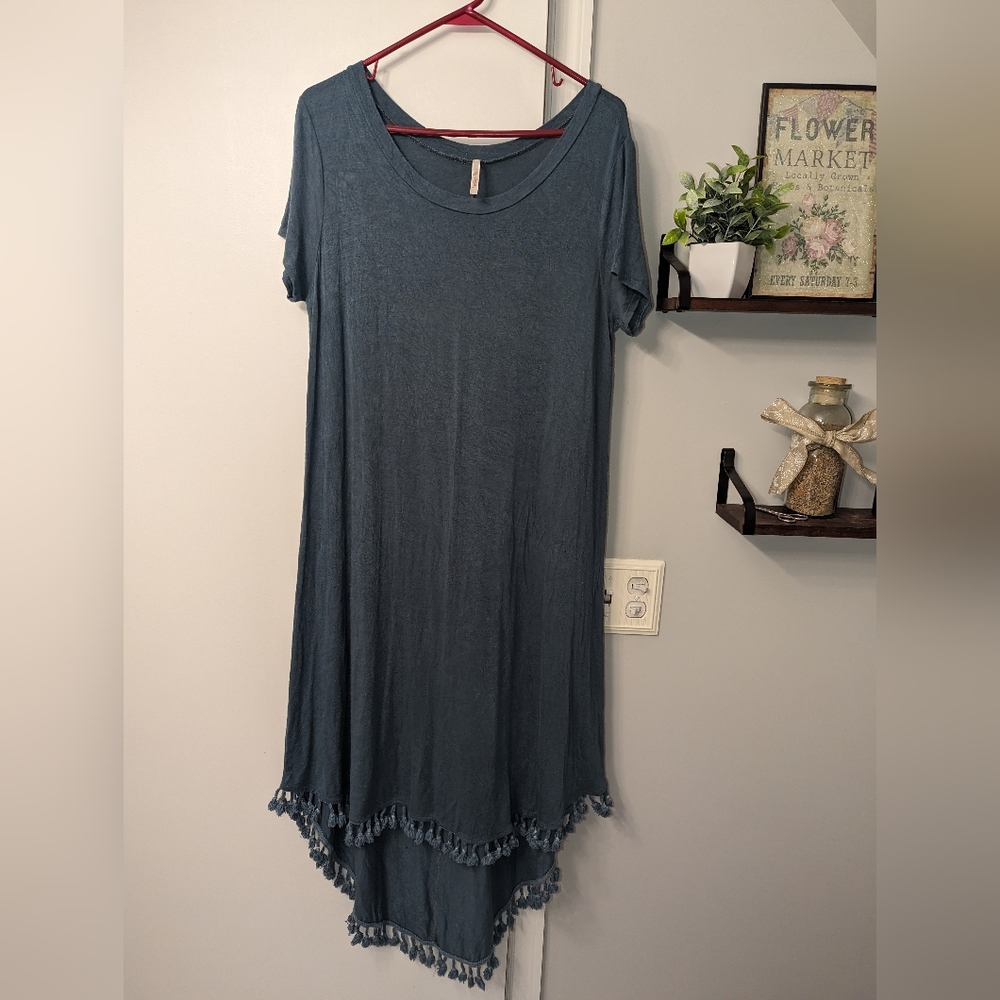 Teal Maxi Dress With Fringe Trim